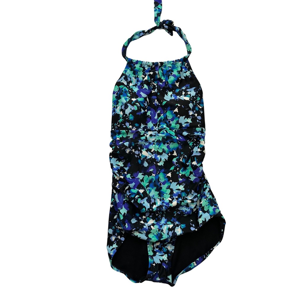 Speedo‎ Women's Blue Green Floral Halter Ruched One Piece Swimsuit  Size Medium